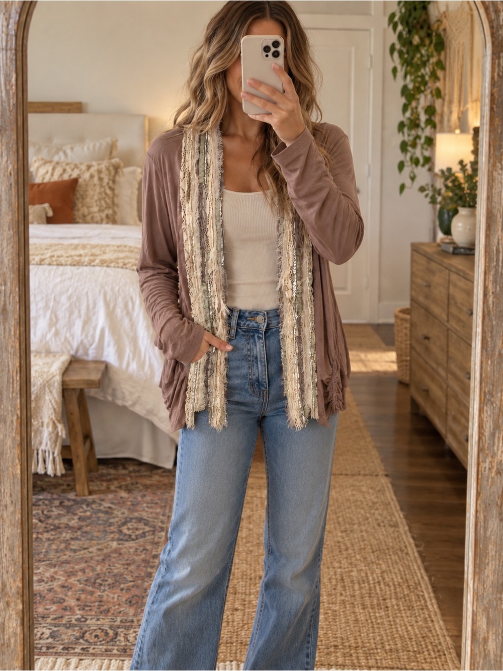 Women’s Taupe Open-Front Cardigan with Fringe Trim